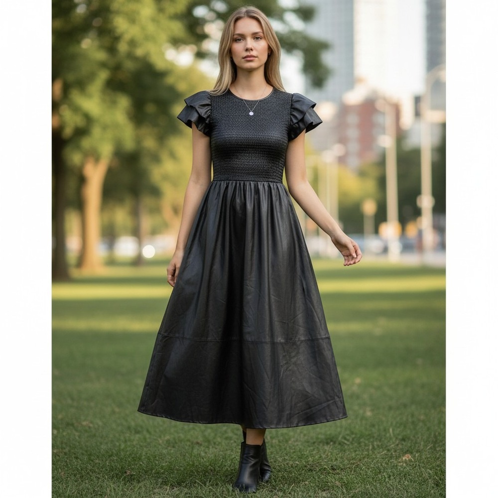 Faux Leather Gothic Chic Smocked Midi Dress Futuristic Black Ruffle Sleeve XS